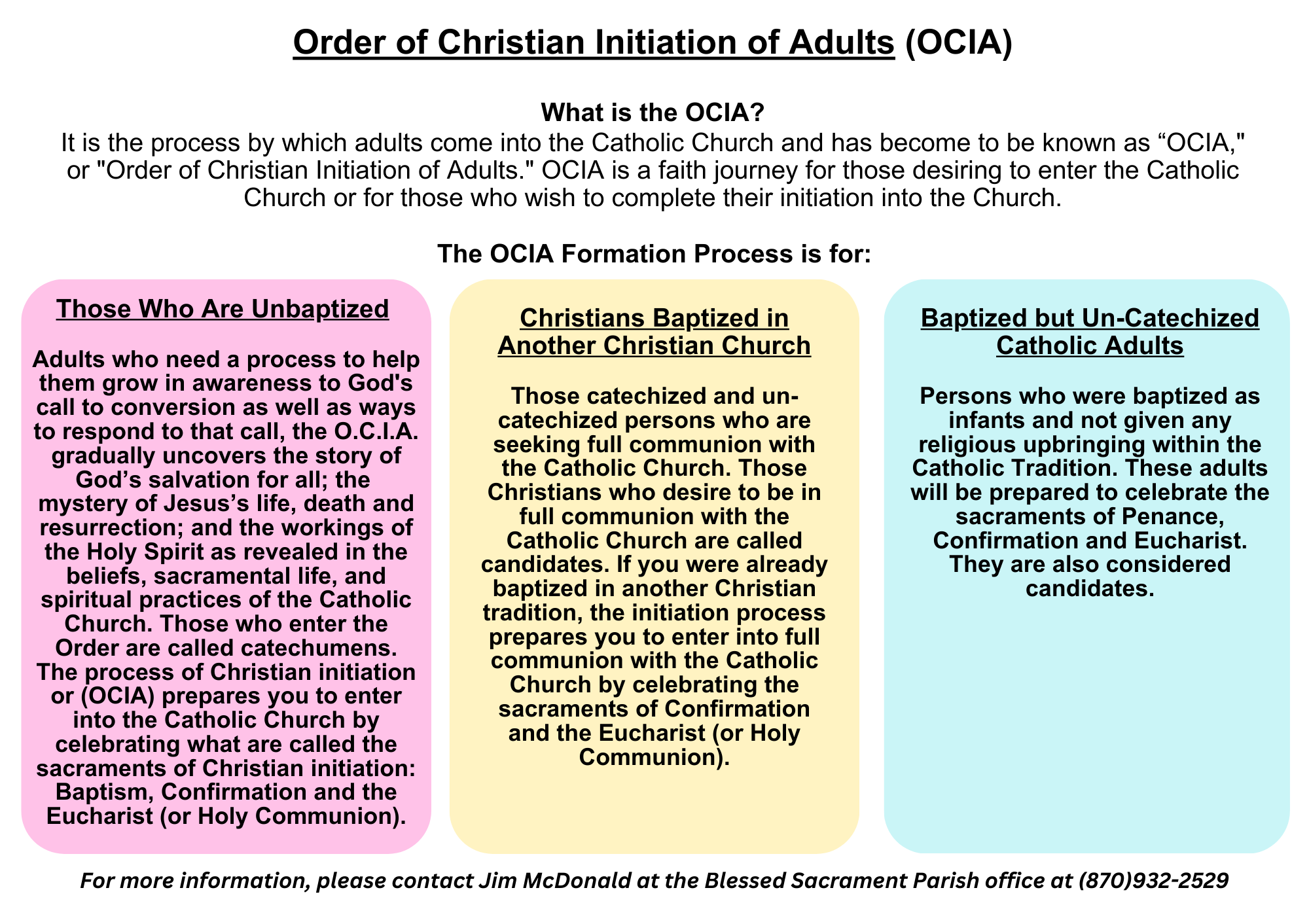 Rite for christian initiation of adults what is the rite the process by which adults come into the catholic church has come to be known as “rcia or rite of christian initiation of adults. rcia is